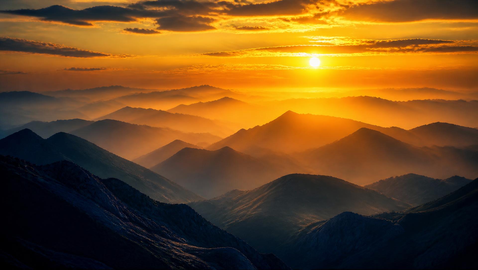 Golden sunrise over layered mountain ranges